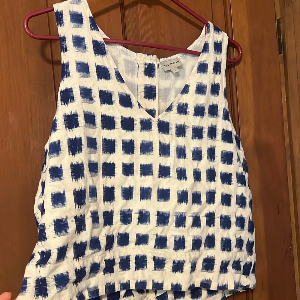 Anthropologie The Odells Rear Button Sleeveless Tank Top Blue White Windowpane-L